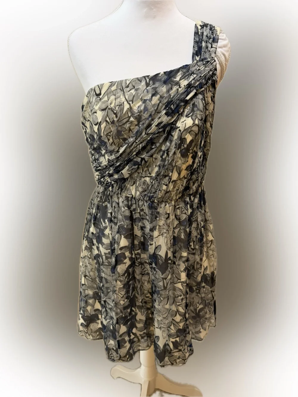 J Crew Lucienne Silk Chiffon Grey & Blue Floral Mini One Shoulder Dress Size 4
